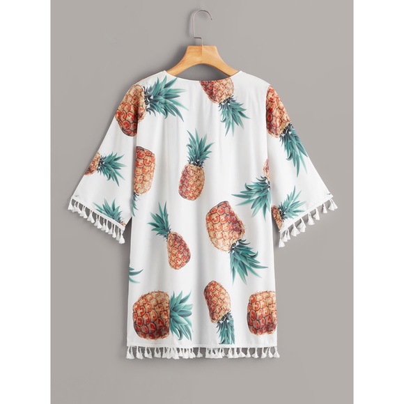 Pineapple print kimono tassels white tropical - Picture 2 of 2